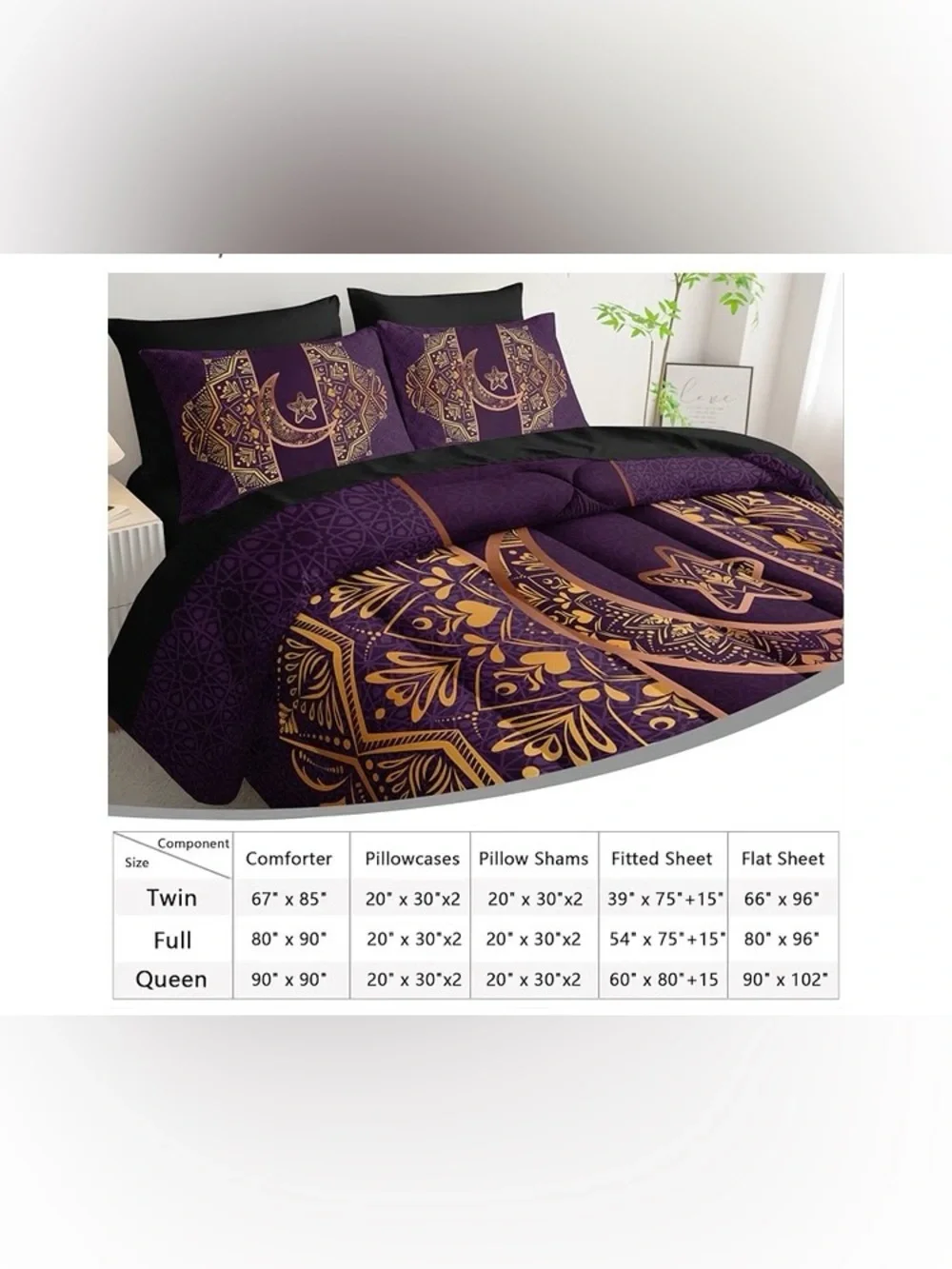 Boho Moon Comforter Set Queen Size,7Piece Soft Bed in a Bag,Gold Purple Crescent